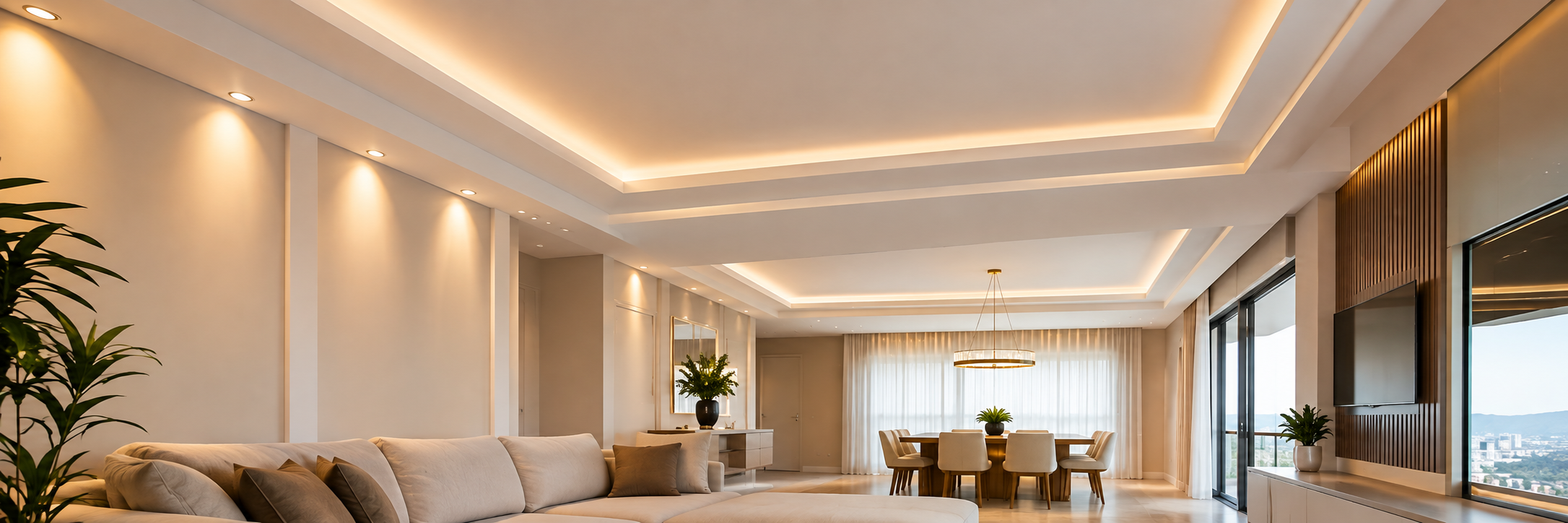 Ambiente moderno com acabamento em gesso e iluminação integrada